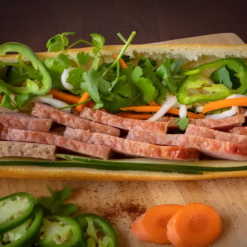 A Vietnamese bánh mì sandwich with sliced meats, cilantro, jalapeños, carrots, and cucumbers.