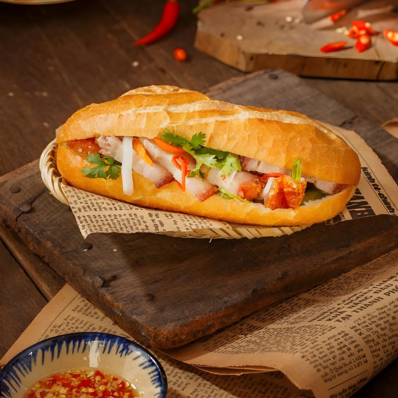 A Paris Bánh Mì sandwich with pork, vegetables, and cilantro, served on newspaper.